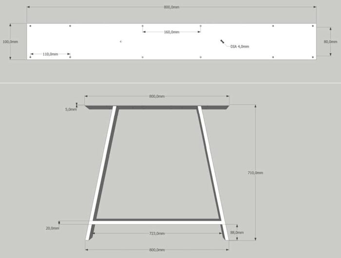 Bordsben-A-Ritning Ritning av bord med måttangivelser
